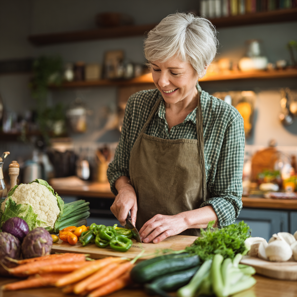 Middle-aged woman preparing fresh vegetables for healthy meal planning
